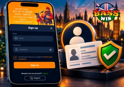 Basswin mobile interface with registration and KYC identity-check symbols.